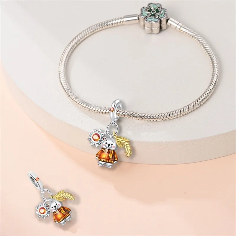 925 Sterling Silver Squirrel & Maple Leaf Charm | Shiny Zircon Autumn Beads Fit Pandora Bracelet DIY Jewelry