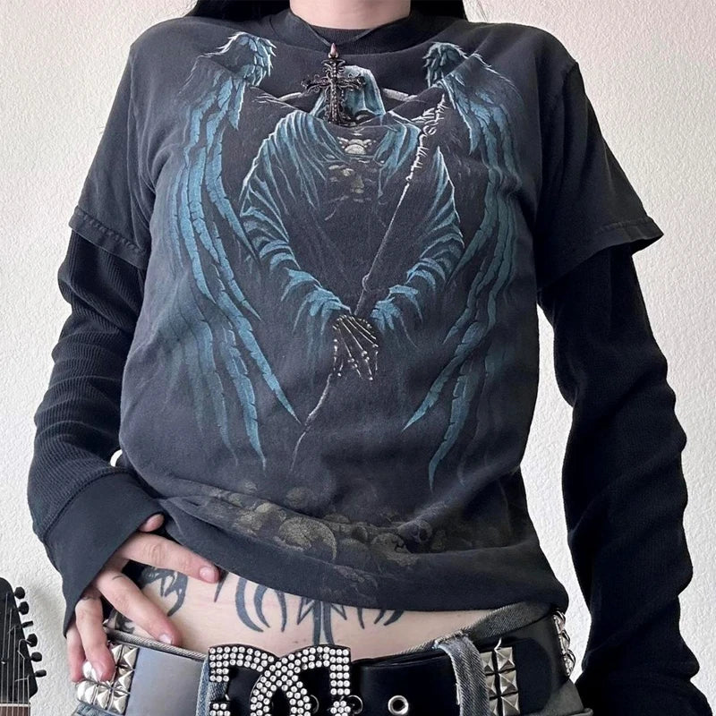Y2K Grunge Emo Vintage T-Shirt | Gothic Patchwork Long Sleeve E-Girl Cyber Goth Streetwear Top