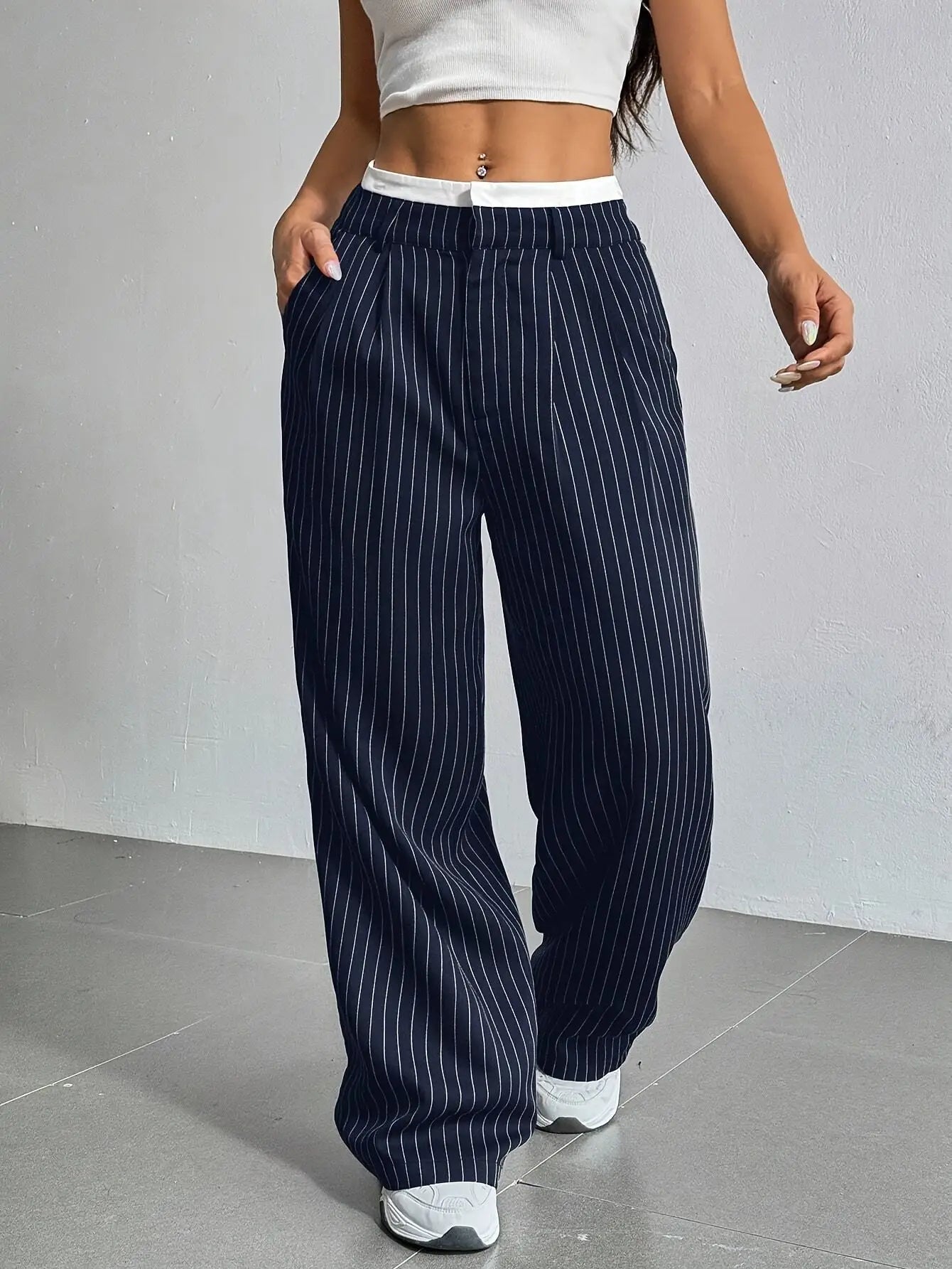 Women’s High Waist Straight Leg Pinstripe Trousers | Office & Casual Striped Dress Pants with Pockets