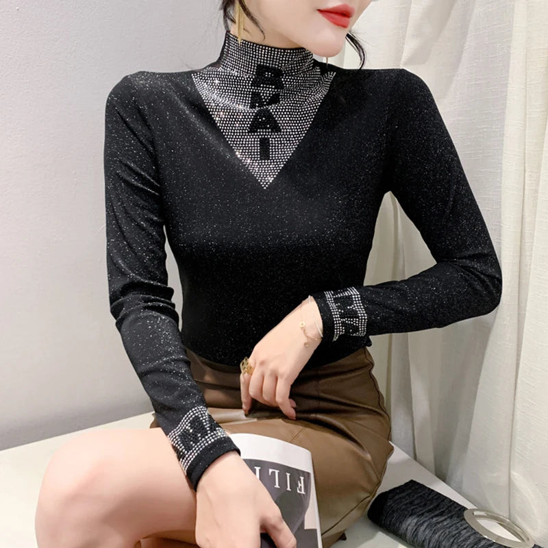 2025 European Station Women’s Long Sleeve Tee – Stand Collar Slim Mesh Top with Hot Diamond ✨👚