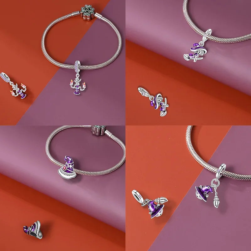 925 Sterling Silver Purple Flying Witch Hat & Magic Book Charm – Fits Original Bracelet DIY Halloween Jewelry Gift for Women