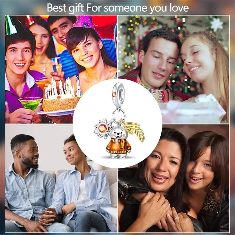 925 Sterling Silver Squirrel & Maple Leaf Charm | Shiny Zircon Autumn Beads Fit Pandora Bracelet DIY Jewelry