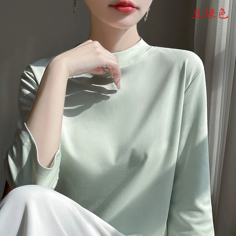 Women’s Cotton T-Shirt | Semi-High-Neck Cropped Sleeve Top | Loose Solid Color Summer & Autumn Bottoming Tee