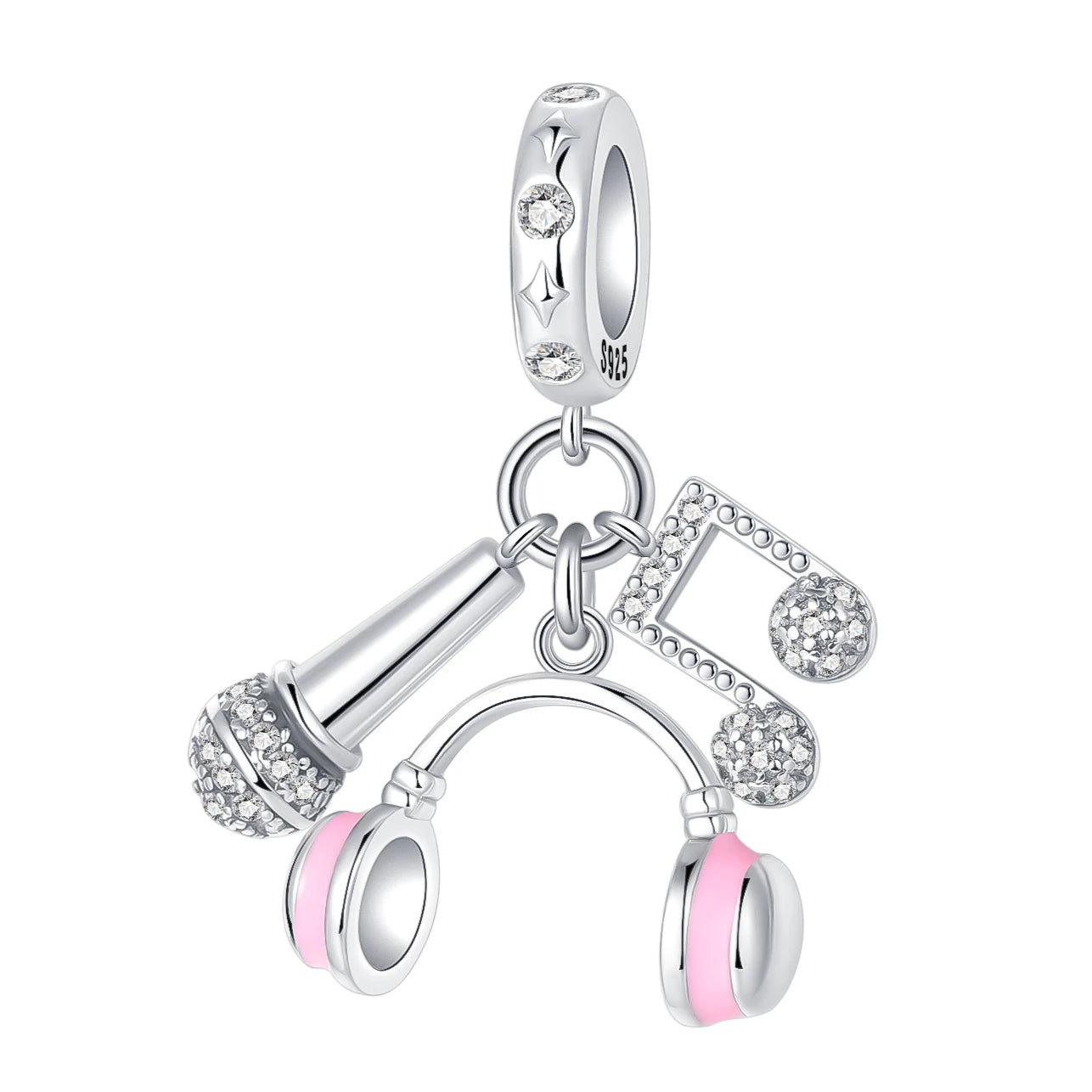 925 Sterling Silver Pink Earphones & Microphone Music Note Pendant Charm – Women’s DIY Bracelet Jewelry Gift
