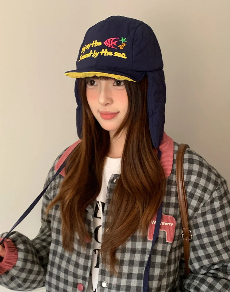 Korean Cute Alphabet Embroidery Thickened Lei Feng Hat Women's Winter Outdoor Cycling Warm Ear Hat Ski Hat