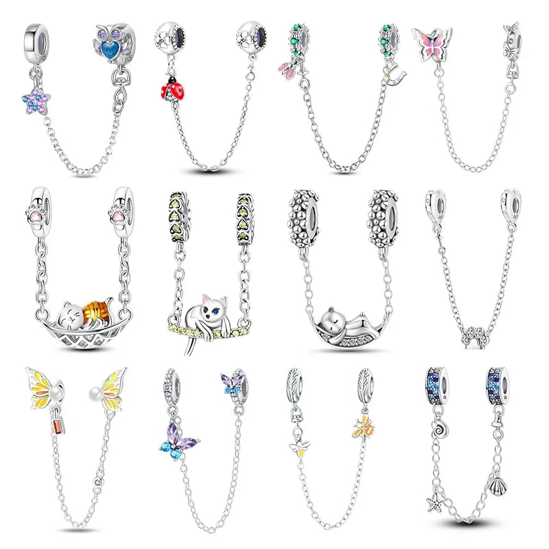 S925 Silver Cute Cat Heart Bead Safety Chain Fit Original Bracelet