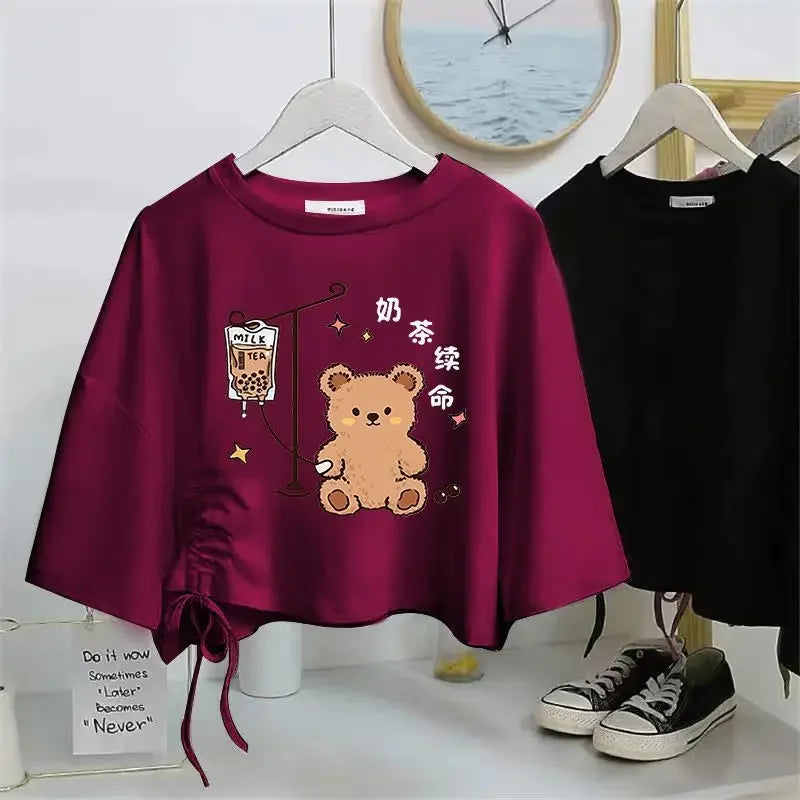 Women’s Drawstring Cotton T-Shirt | Loose O-Neck Drop Sleeve Pullover | Spring Summer Casual Solid Knit Top