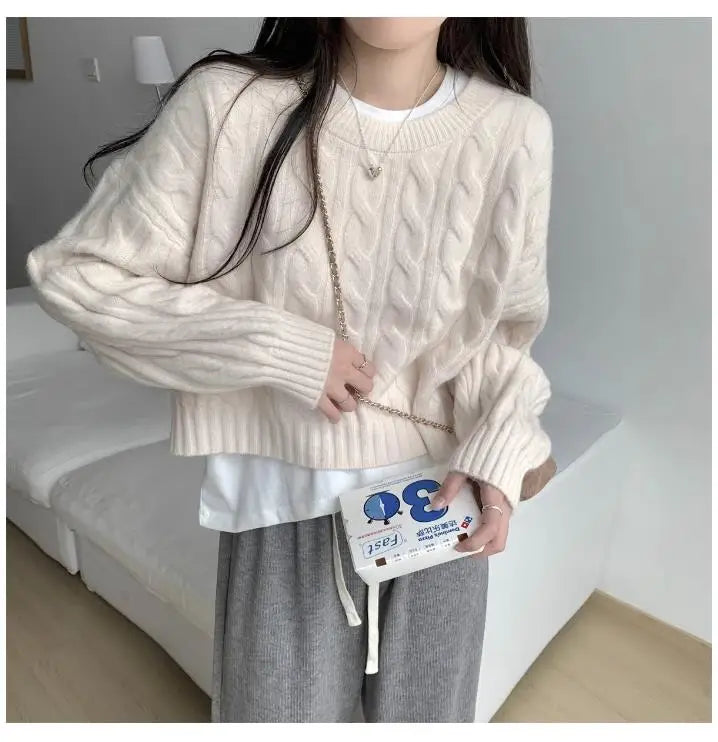 Soft ort Knitted Sweater Women's Top Lazy Sle Inner Wear Autumn Winter New Arrival Twist Cotton Long Sve round Ne Sw...