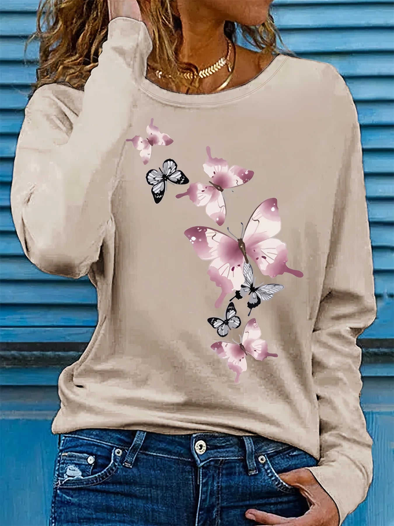 Women’s 100% Cotton Butterfly Print Long Sleeve T-Shirt | Casual Loose Round Neck Base Shirt for Spring & Autumn