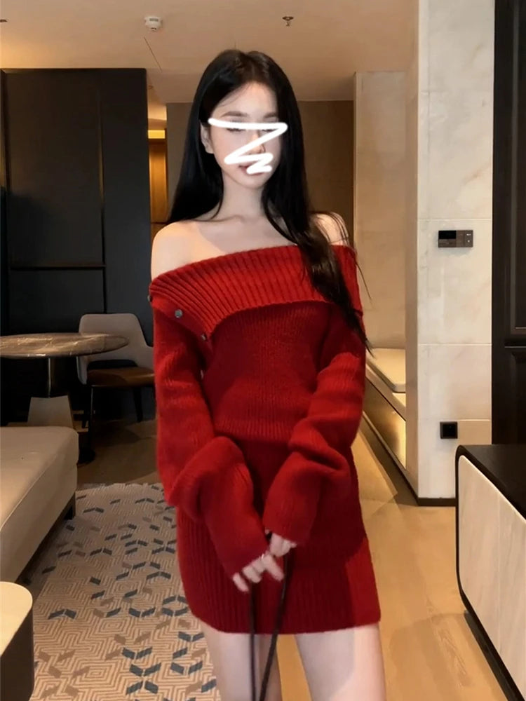 Early Autumn Red Wrap Bodycon Dress for Women 2025 – Knitted Pure Color Slim Fit Waist Dress