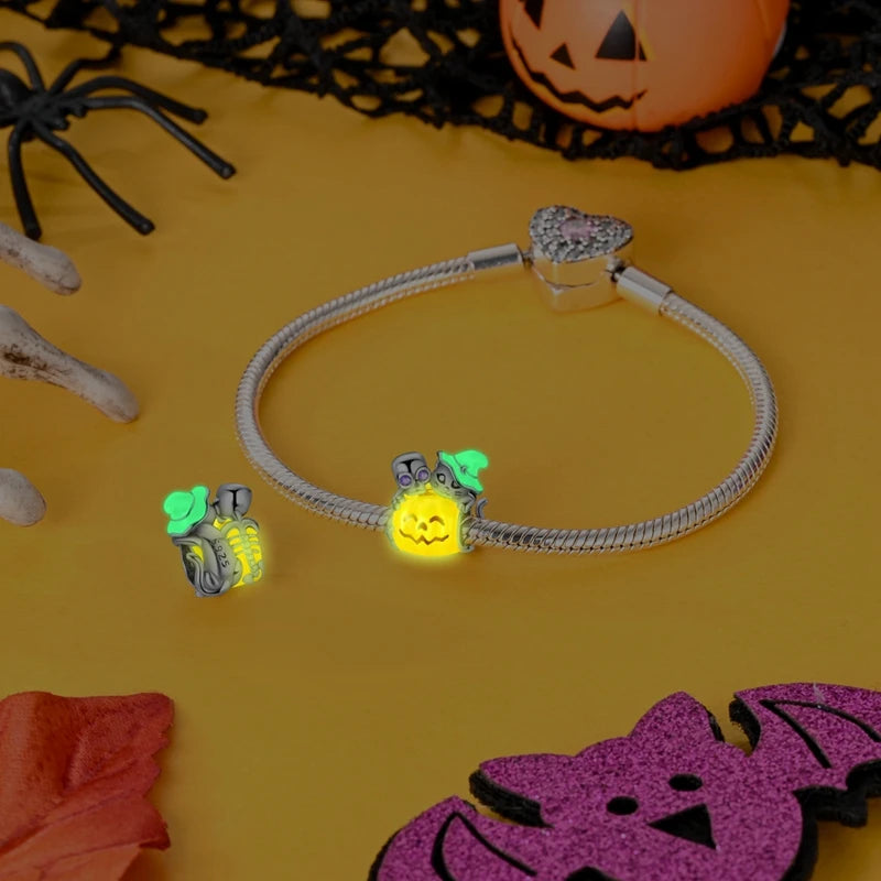 Halloween 925 Sterling Silver Charms | Pumpkin Skeleton Witch Bat Beads for Bracelet DIY Jewelry