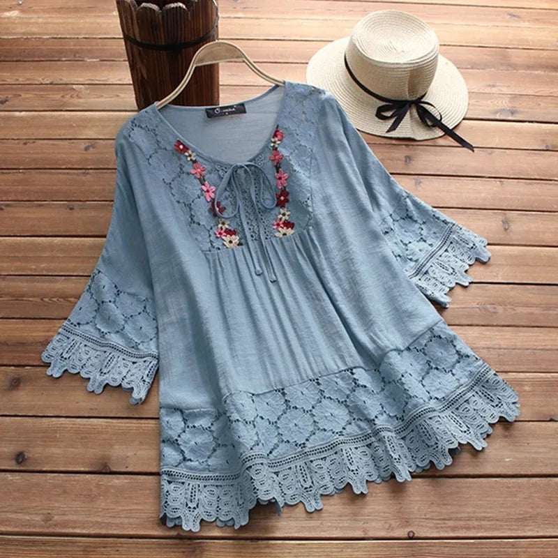 Summer Women Casual V-Neck Blouse – Cotton & Linen Lace Flower Loose Top 🌸☀️