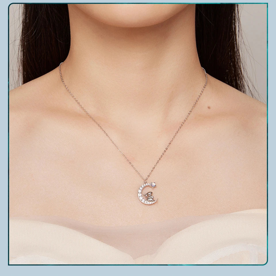 WOSTU 925 Sterling Silver Cat & Rabbit Moon Necklace | Star Zircon Pendant for Women Fine Jewelry Gift
