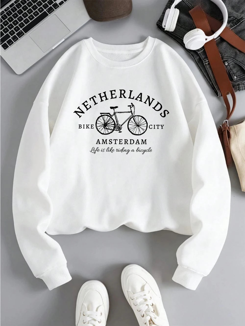 Netherlands Amsterdam Bike Design Pullover | Women’s Fleece Sweatshirt | Autumn Loose Crewneck Casual Top