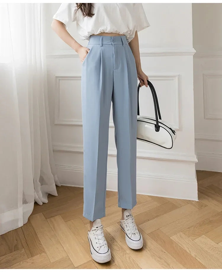 Women’s High Waist Suit Pants | Summer Black Harem Business Pants | Korean Style Pocket Thin Nine-Point Trousers