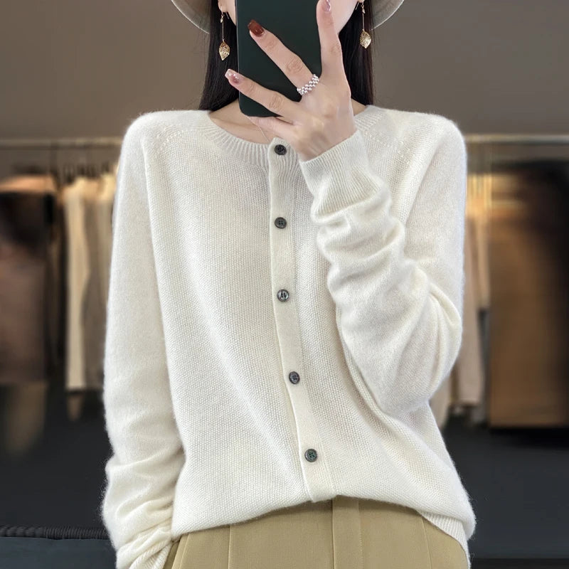 Women’s 100% Pure Wool Loose Cardigan – Autumn Winter Round Neck Solid Color Top 🍂🧶