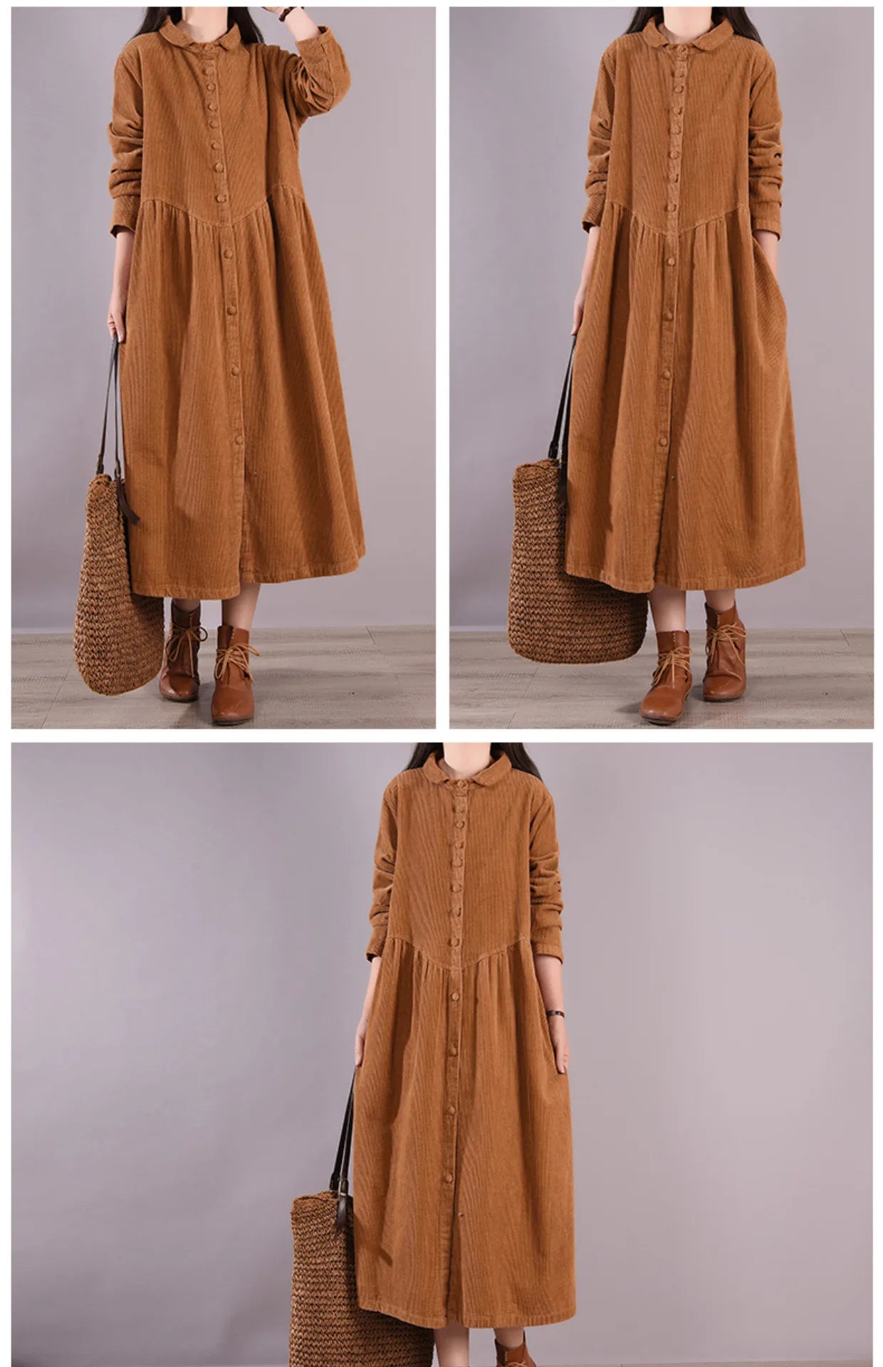 Retro Pure Color Corduroy Dr Loose Casual Long irt Dr Women's A-Line Skirt Long Sve  Collar Single Button Closure