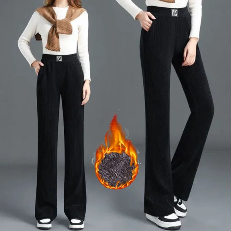 Winter Women High Waist Thermal Plush Pants – Straight Leg Fleece Trousers for Warm Casual Daily Wear