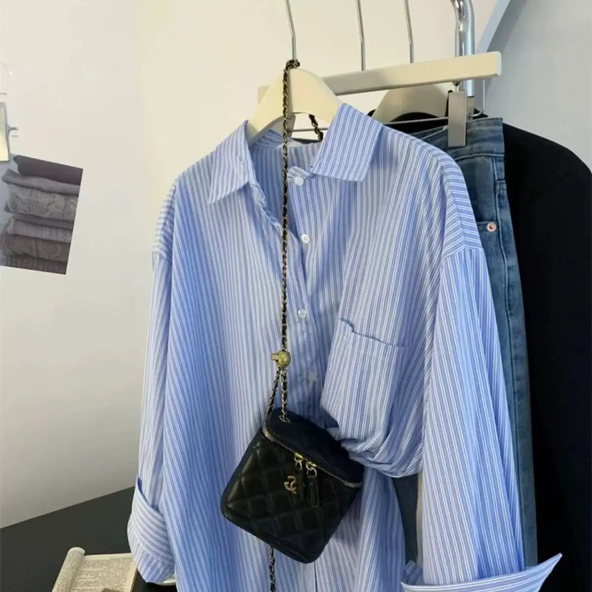 Retro Lazy Style Blue Striped Women’s Long Sleeve Shirt | Spring Autumn Design Sense Outerwear Blouse