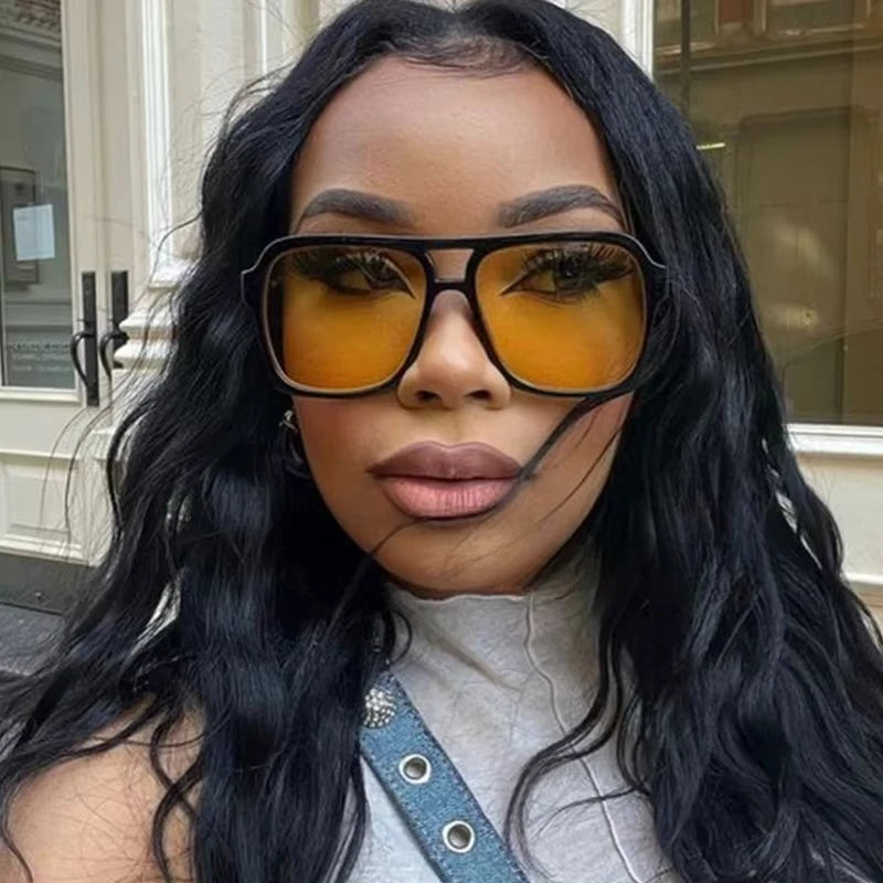 Vintage Double Bridge Yellow Sunglasses for Women – Oversized Square Luxury Shades | Female Pilot Style Eyewear