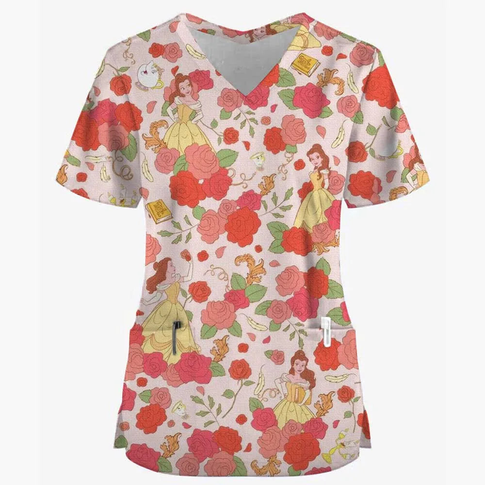 Disney Princess Ariel & Elsa Print Scrub Tops – Women’s Nurse & Dentist Work Uniform 👩‍⚕️✨