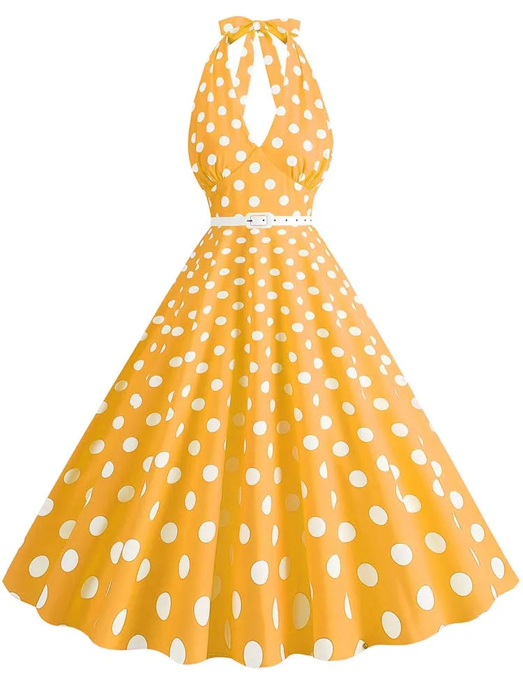 Women’s Vintage Halter Party Dress – Summer Polka Dot Midi Cocktail Prom Elegant Dress