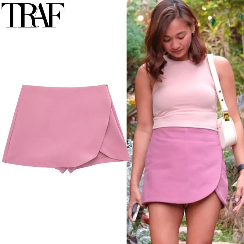 TRAF Women’s High Waist Skort – Stylish Summer Mini Skirt Pants | Pink, Black & Brown Asymmetric Casual Skort