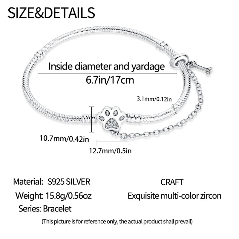 925 Sterling Silver Heart Moon Sun Clasp Charm Bracelet | 17–20CM Original Bracelet for Women | Fits Pandora DIY Beads Jewelry