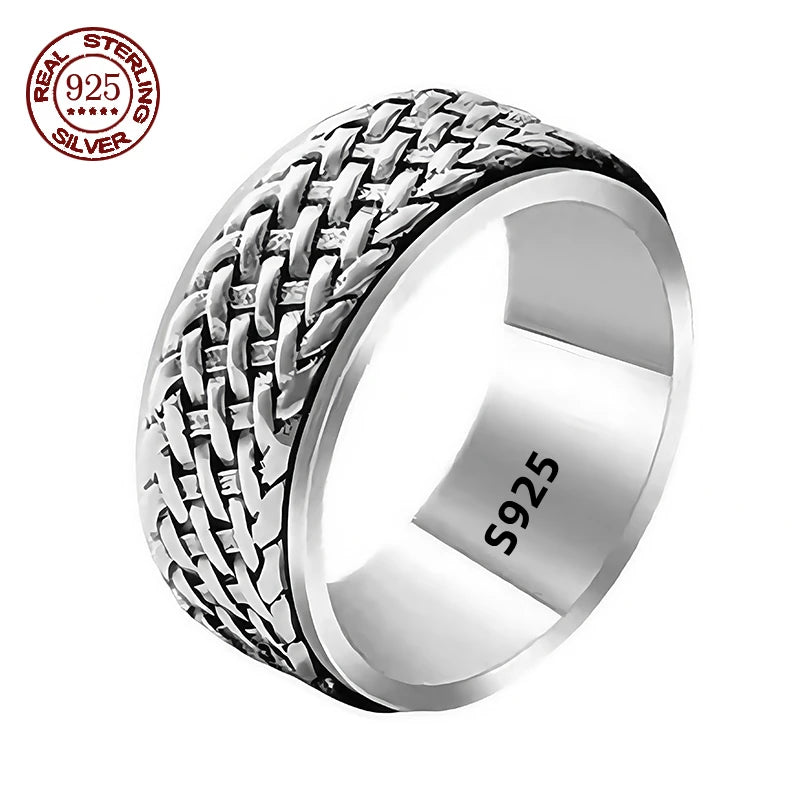 Simplicity Vintage S925 Sterling Silver Viking Ring – Rotatable Woven Pattern Unisex Jewelry Gift