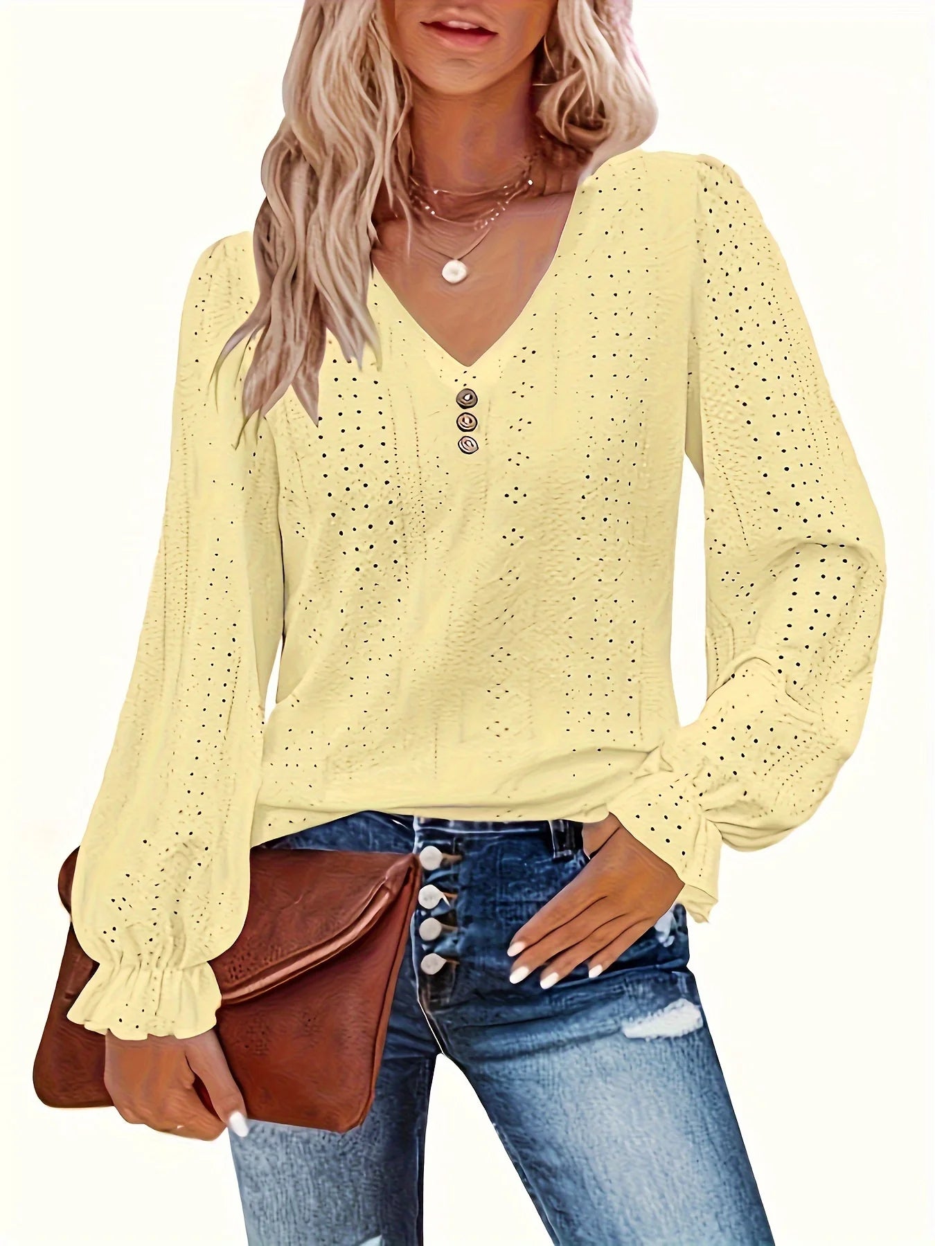 Plus Size Eyelet Button V-Neck Long Sleeve T-Shirt – Casual Spring & Fall Women’s Top 👚✨