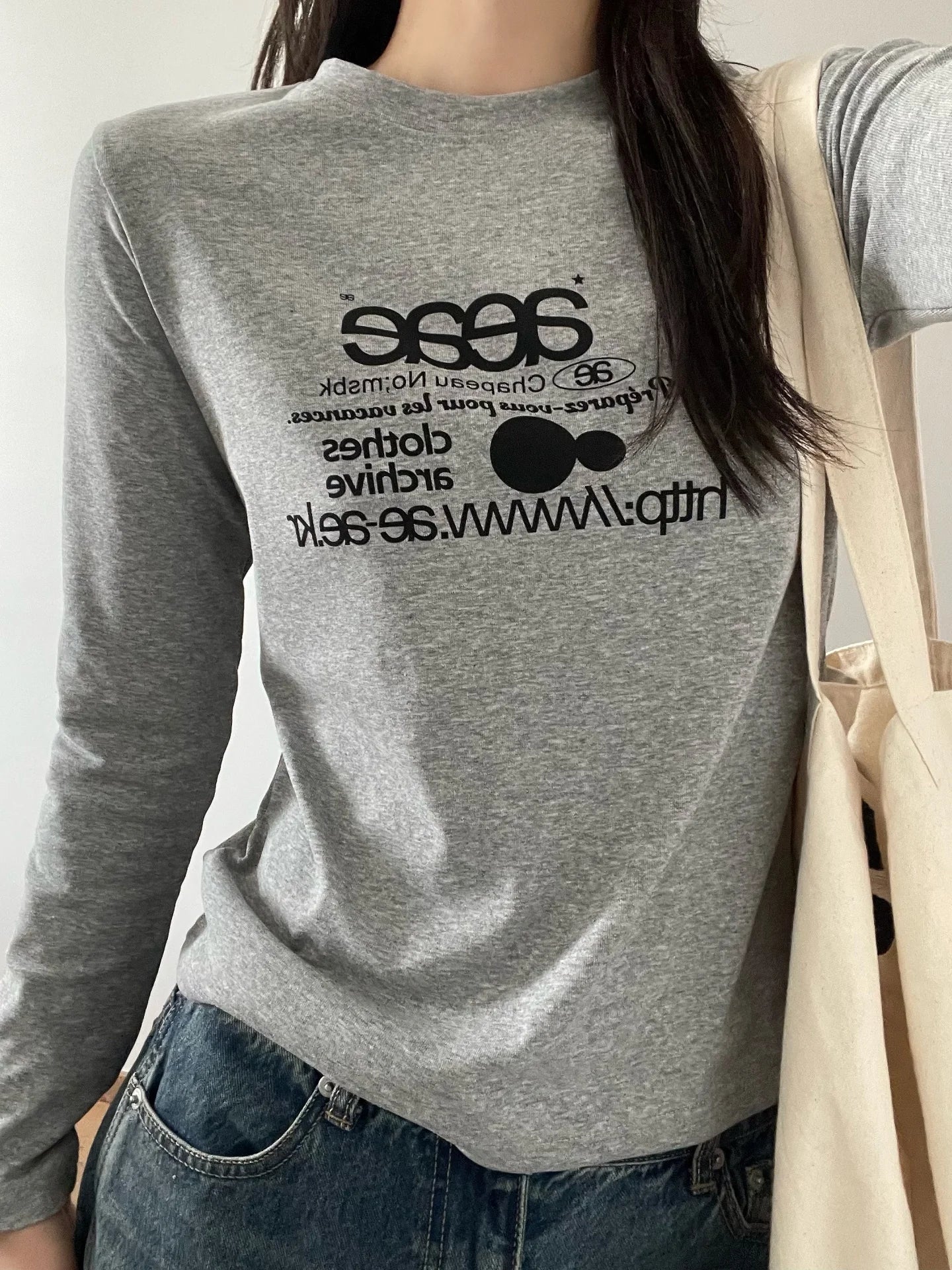 Women’s Slim Fit Round Neck Long Sleeve T-Shirt | Handmade Color Block Letter Print Base Layer Top