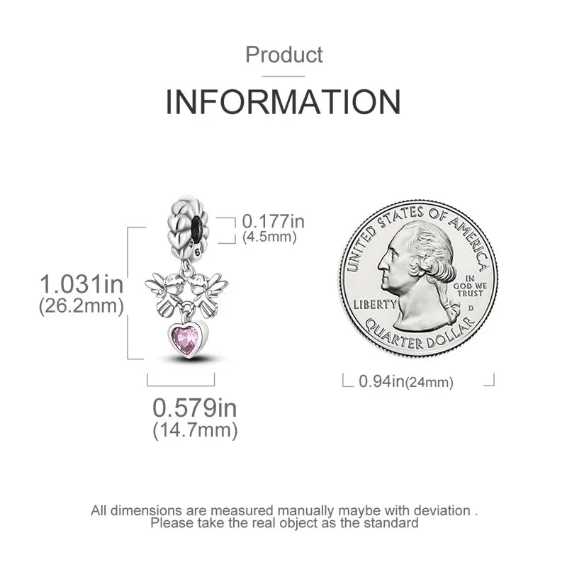 S925 Silver Angel Baby Charms | Heart Shape Wings Dangle Beads Fit Bracelet & Necklace
