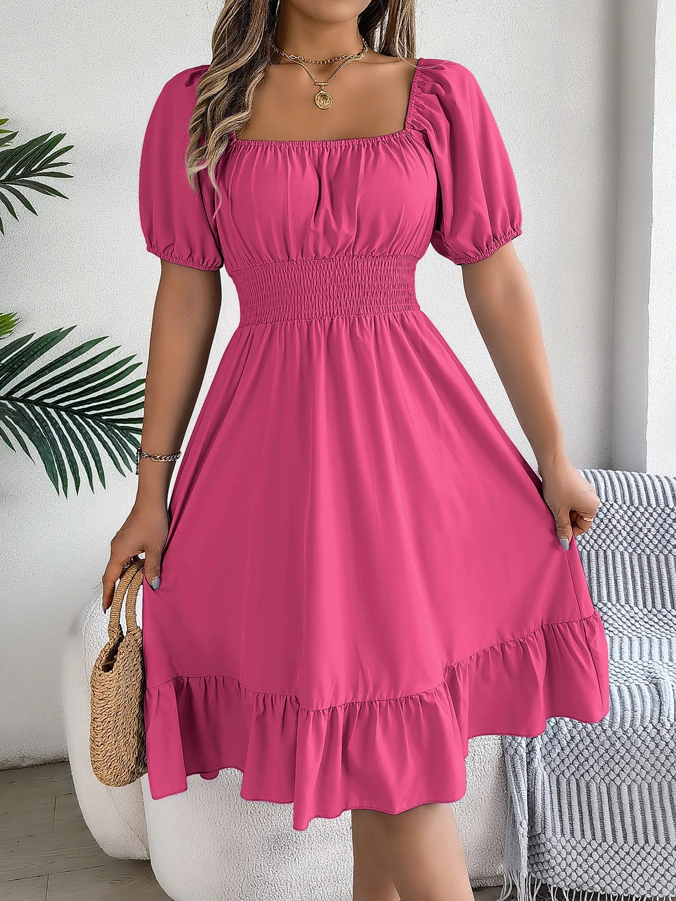 2026 Women’s Elegant High-Waisted Dress – Square Neck, Short Sleeve, Ruffled Edge Long Dress | Spring Summer Valentine’s Day