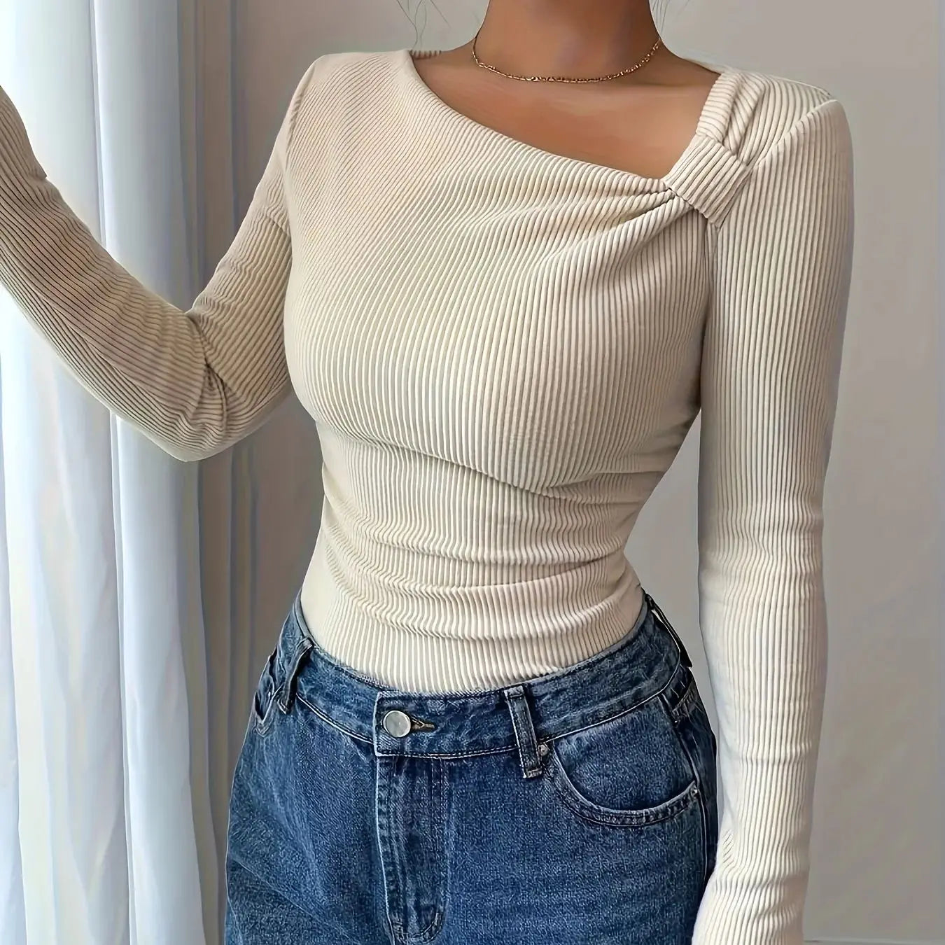 Elegant Women’s Autumn Winter Knitted T-Shirt – Solid Color Asymmetrical Neck Long Sleeve Slim Fit Top