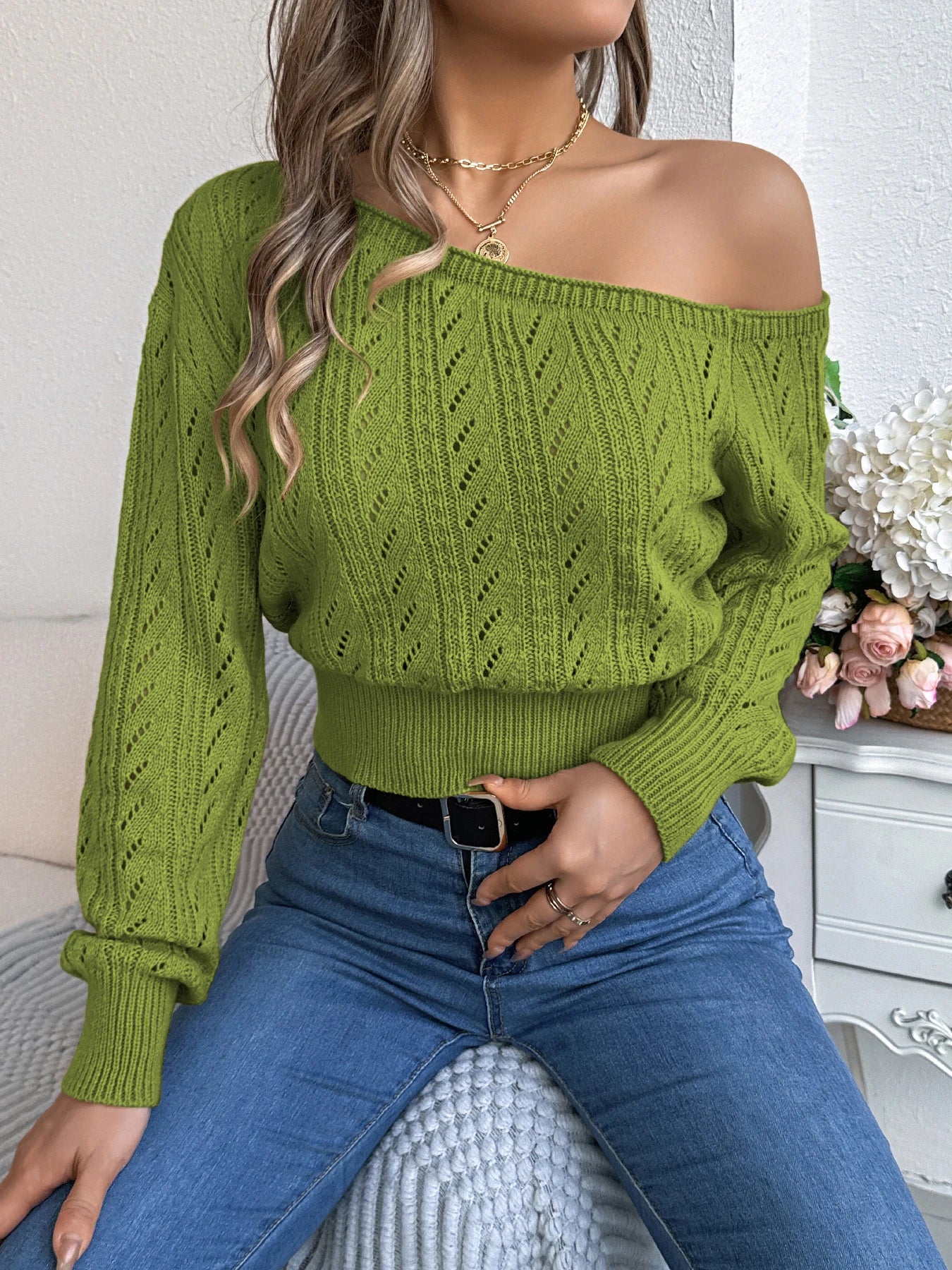 Women’s Autumn/Winter Slash Neck Off-Shoulder Knitted Pullover Sweater – Casual Elegant Long Sleeve Top