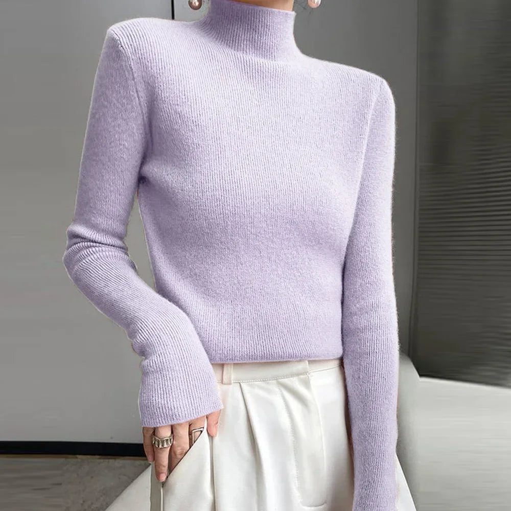 Women’s High Collar Knitted Sweater | Slim Fit Long Sleeve Top | Blue, Purple & Red Bottoming Shirt