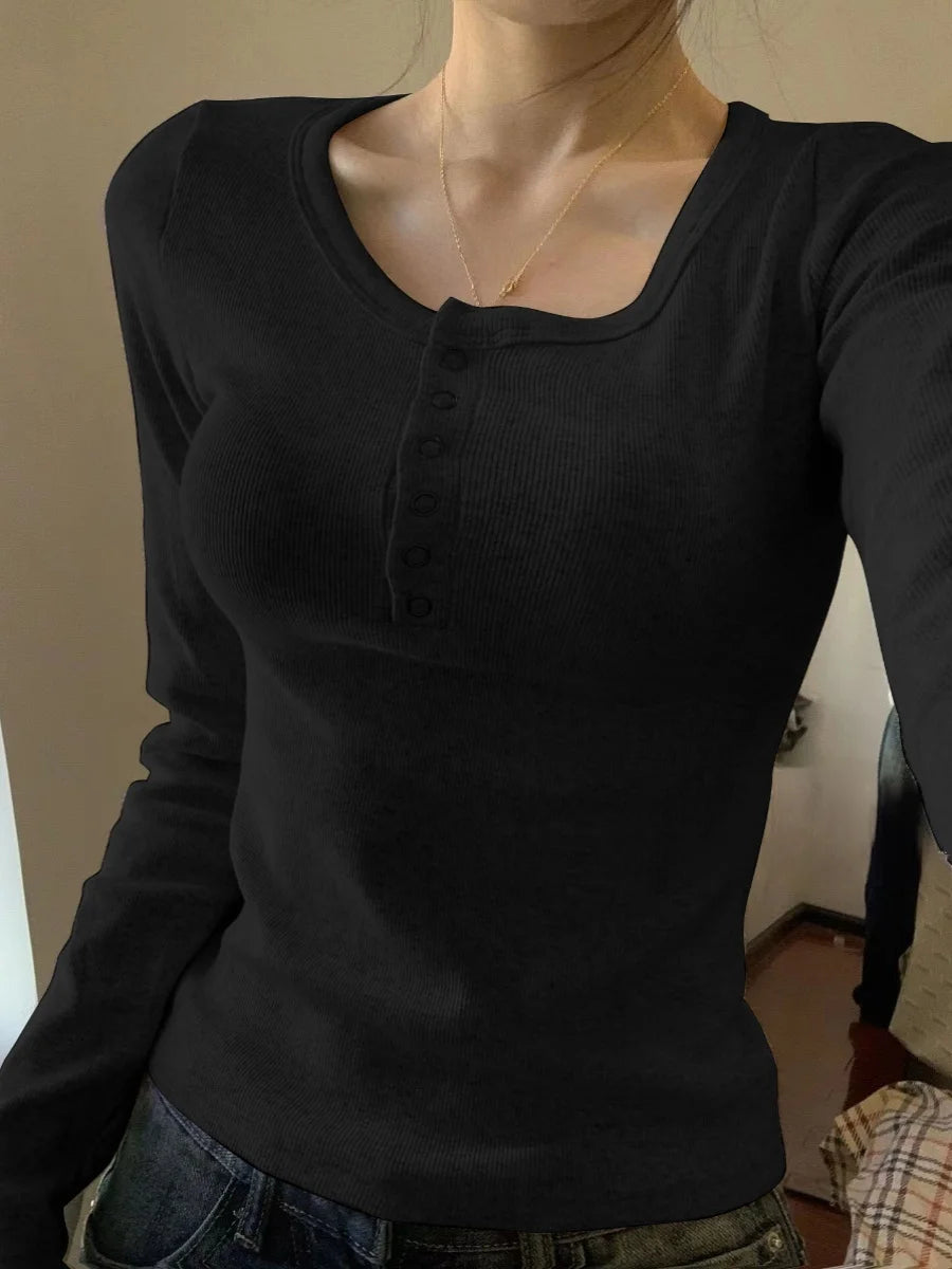 American Style Short Fit Women’s Long Sleeve U-Neck Tight Body Short-Length T-Shirt – Sexy Autumn Top