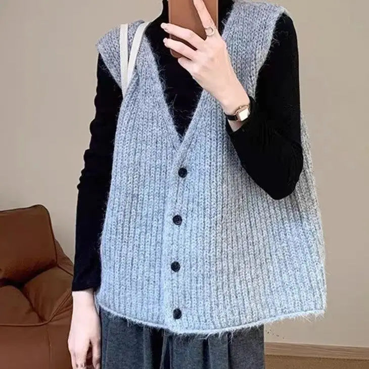 2025 Women’s V-Neck Wool Vest | Grey Loose Knit Cardigan | Autumn Winter Thick Sweater Fashion