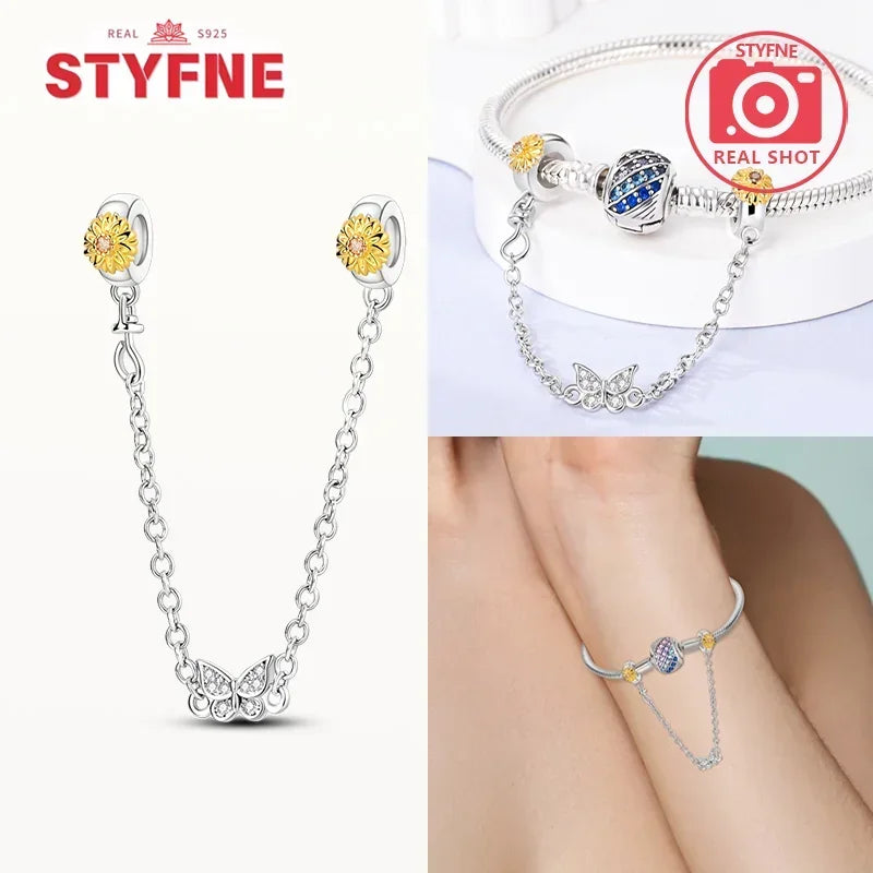 S925 Silver Cute Cat Heart Bead Safety Chain Fit Original Bracelet