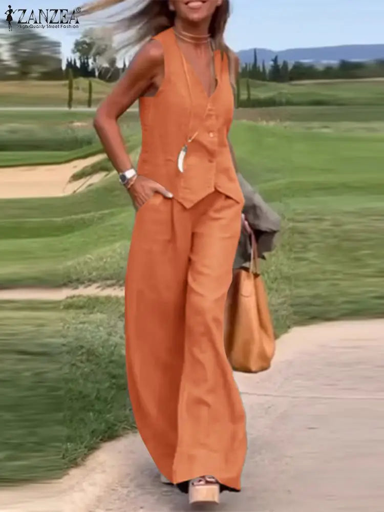 ZANZEA 2025 Elegant Women’s Two-Piece Set – Solid Color Wide Leg Pants & Vest Top Plus Size 👩‍💼✨