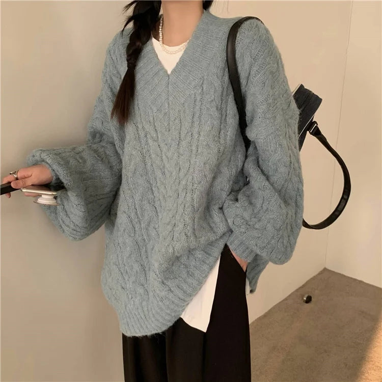 Women's V-Ne Thiened Twisted Sweater Loose Autumn Winter Outerwear Lazy Sle Design Soft Knitted irt Long Sve Top