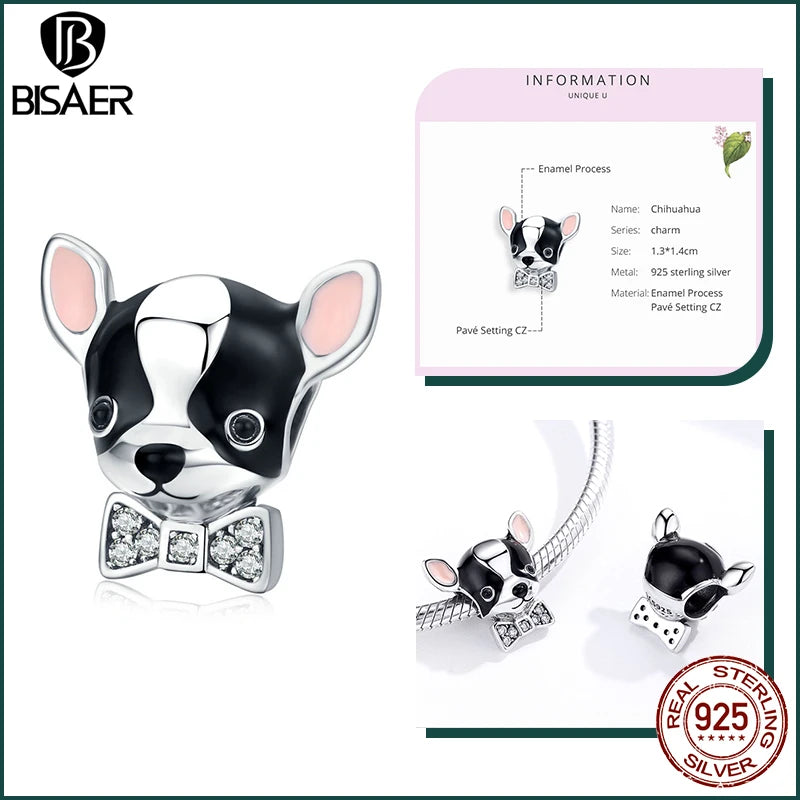 BISAER 925 Sterling Silver Dog Charm | Cute Dachshund Pet Bead Pendant for Women’s DIY Bracelet Jewelry