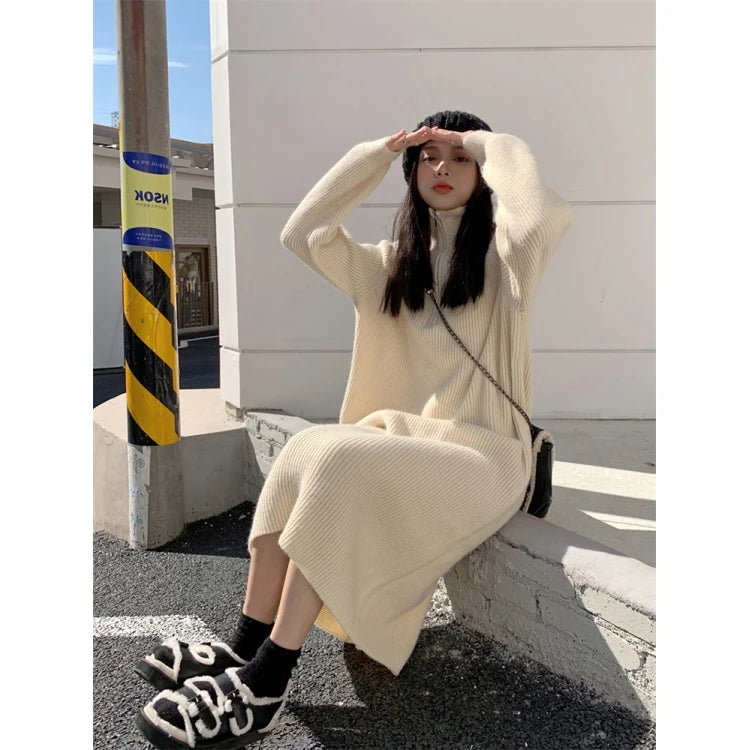 Autumn Winter Knitted Zipper Collar Dress for Women – Long Sleeve Loose Fit Pure Color H-Shape Casual Warm Dress
