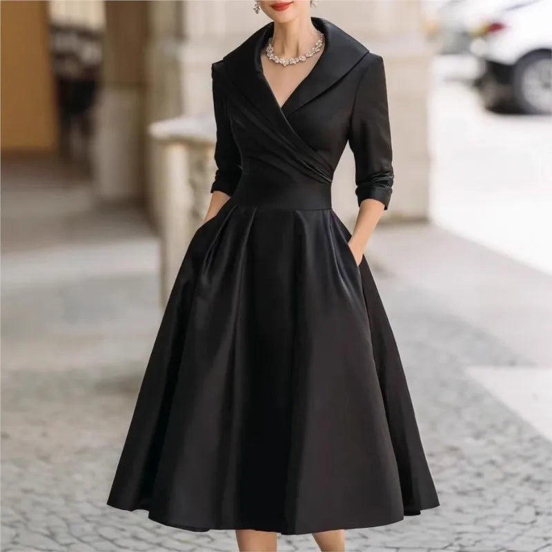 Elegant Solid Color V-Neck Waist Cinching Dress – Autumn Winter Women’s Long Sleeve Sexy Dress with Pockets | Ropa Mujer