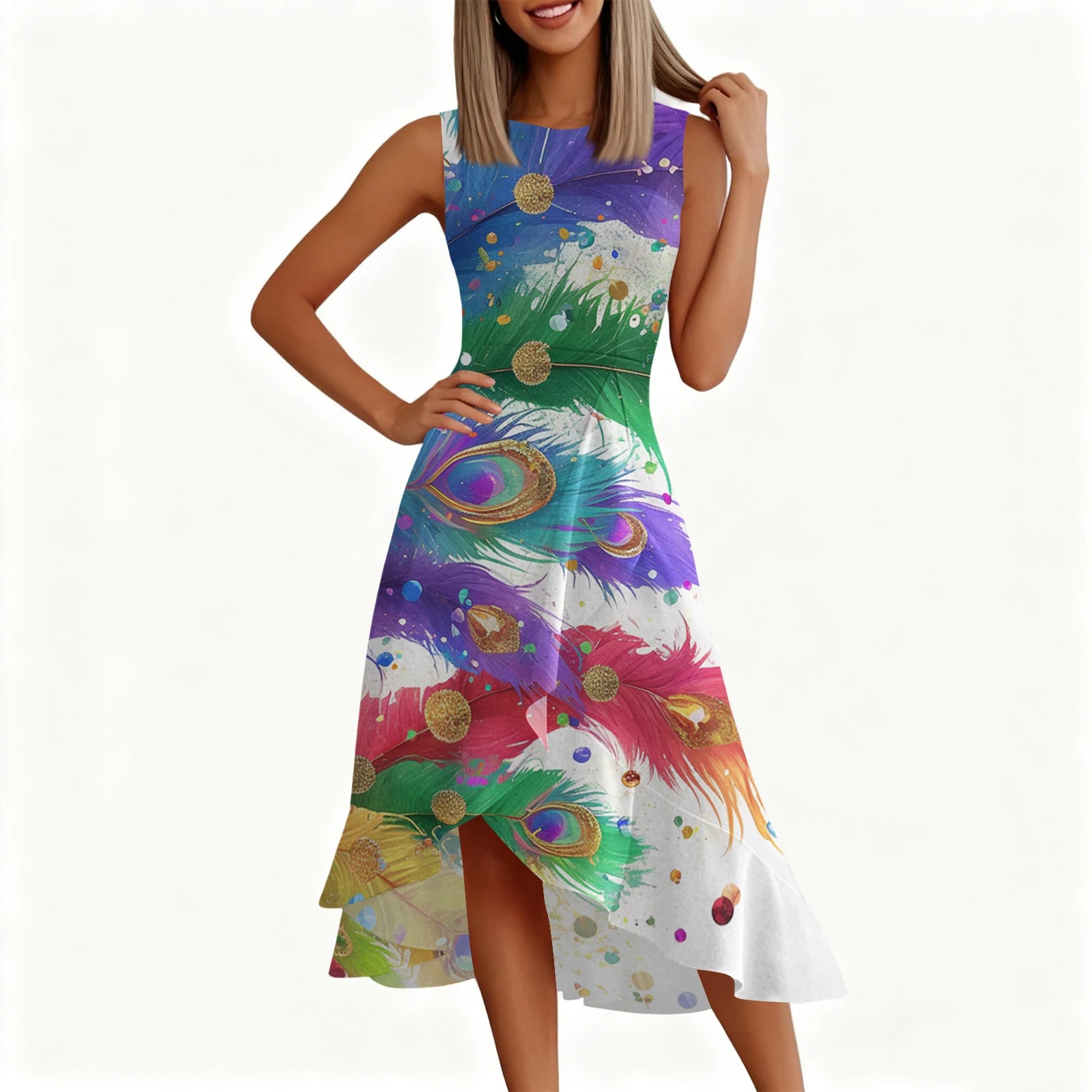 Carnival Women's Dress 🎉 Ruffled Printed Casual Dress 👗 Sleeveless Round Neck Stylish Festival Costume ✨