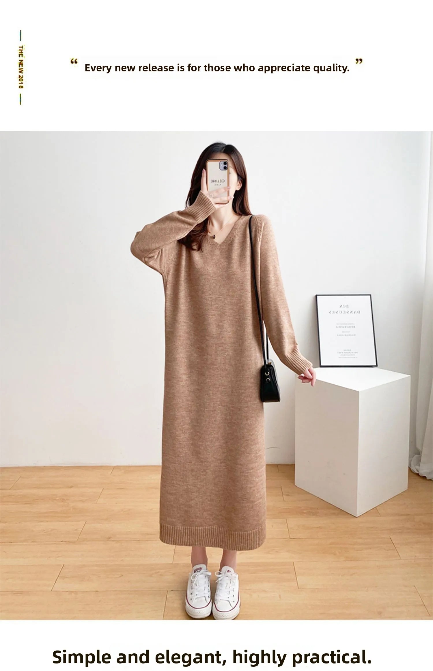 Ladies’ Knitted V-Neck Dress – Loose Fit Base Layer Skirt, Casual Straight Tube Korean Style Autumn Winter Dress