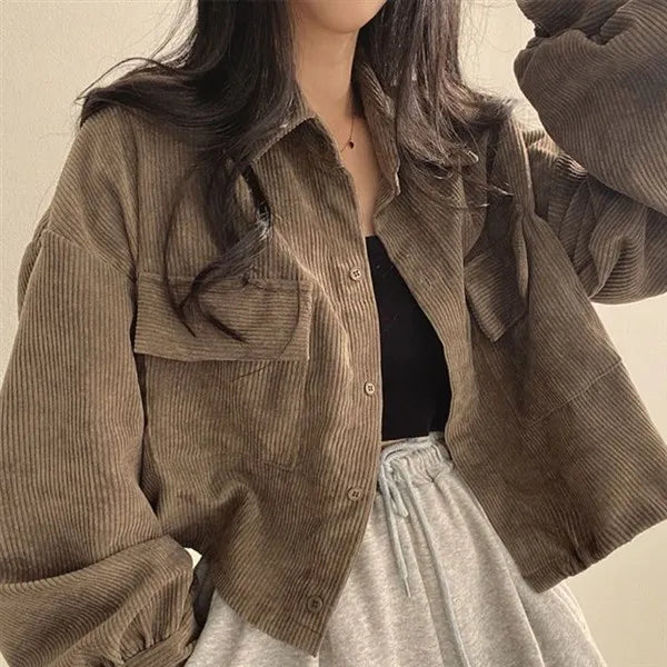 Black Corduroy Cardigan for Women | Korean Loose Fit Long Sleeve Jacket 2025