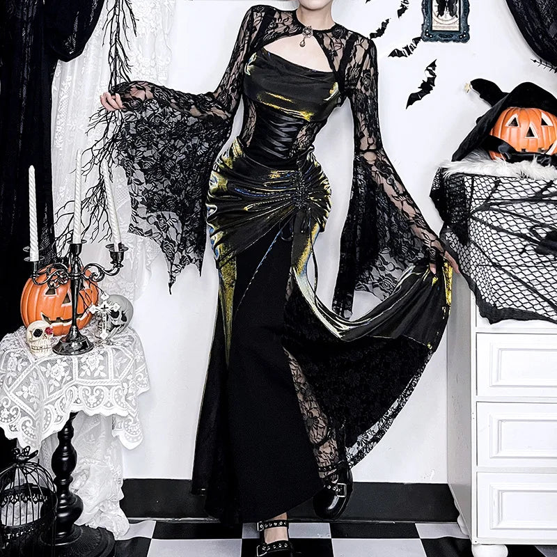 Dark Black Goth Top | Women’s Vintage Flared Sleeve Gothic T-Shirt Y2K Party Wear