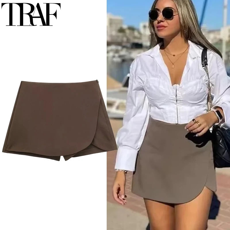 TRAF Women’s High Waist Skort – Stylish Summer Mini Skirt Pants | Pink, Black & Brown Asymmetric Casual Skort