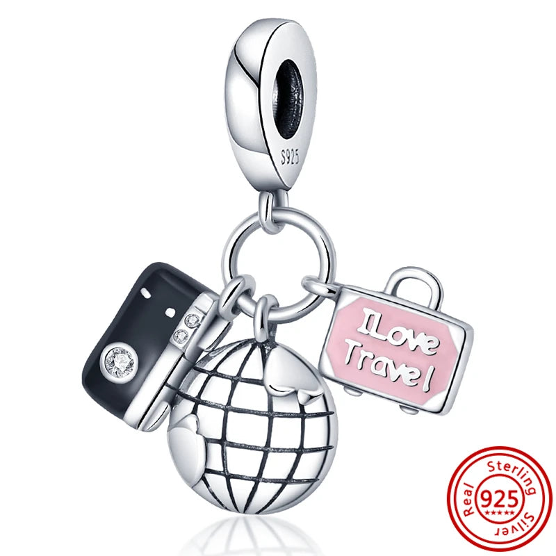 925 Sterling Silver Travel Series Charms | Airplane Passport Luggage Sun Moon Star Beads Fit Original Bracelet Jewelry